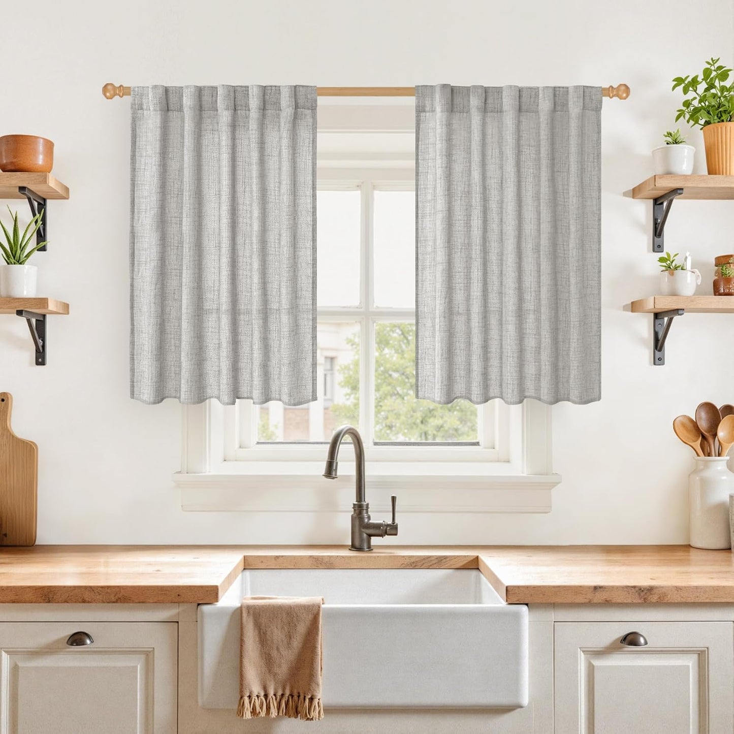 YoungsTex Dark Grey Linen Semi Sheer Curtains 36 Inch Length for Cafe Winow, Short Drapes Light Filtering with Rod Pocket Back Tab for Bathroom, 2 Panels, 42 X 36 Inch