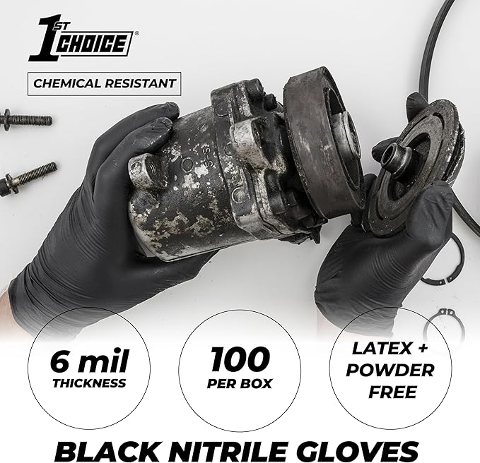 1st Choice Nitrile Gloves, Disposable, Latex-Free, Black, 6 Mil, Industrial, for Mechanics, Cleaning, Automotive and Home Use