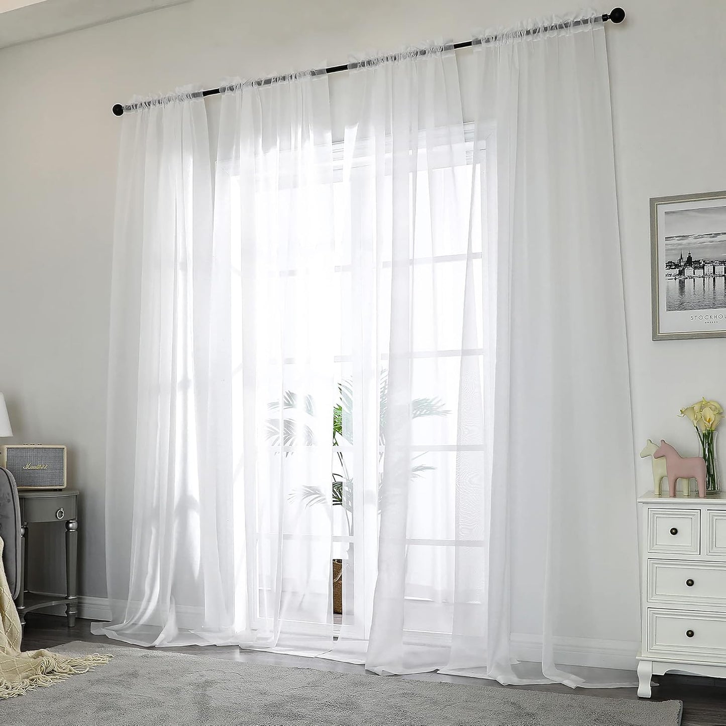 Chyhomenyc White Sheer Curtains 108 Inch Length 2 Panels Set, Extra Long Light Filtering Solid Voile Window Drapes for Living Room Party Ceremony, 42Wx108L, 9FT Length, Set of 2, White
