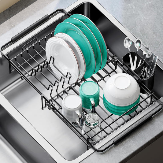 Dish Drying Rack in Sink - Expandable (14.5''-18''L) Over The Sink Dish Rack with Utensil Holder, Space-Saving Dish Drainer for Kitchen Counter, 1 Piece, Matte Black