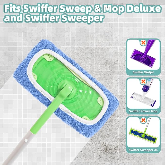 Reusable Mop Pads Compatible with Swiffer Sweeper Mop, Microfiber Dry Sweeping Cloths & Machine Washable Wet Pads Refill for Use on All Sealed Floors - Stone, Hardwood, Laminate & Tile (10 Blue)