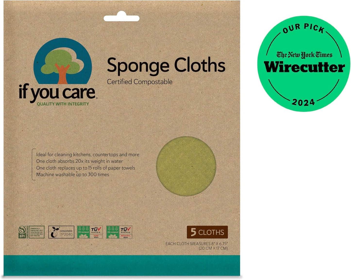 If You Care Sponge Cloths – 5 Count – 100% Natural Cleaning Rags for Kitchen, Bathroom, Home Countertop Surfaces – Absorbent, Reusable, Machine Washable, Compostable