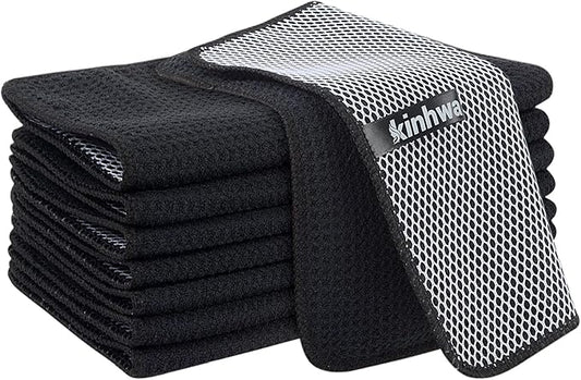 KinHwa Kitchen Washcloths for Dishes Absorbent Microfiber Dish Cloths Quick Dry Dish Rags with Poly Scour Scrub Side Ideal for Kitchen Cleaning (Dark-Black, 9inchx9inch 9 Pack)