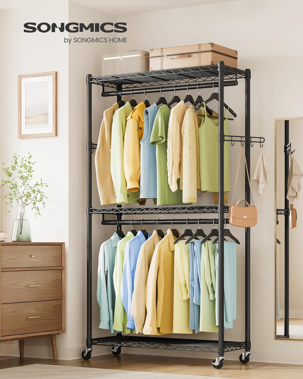 SONGMICS Heavy-Duty Rolling Clothes Rack, Garment Rack, Portable Closet, 35.4-Inch Wide Clothing Rack on Wheels, with Adjustable Mesh Shelves and Hanging Rails, Hooks, Ink Black ULGR413B01