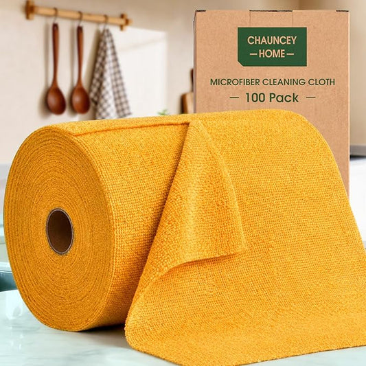 Microfiber Cleaning Cloth Roll–100 Pack, Tear Away Microfiber Towels, Reusable, Washable, Scratch-Free, Kitchen Towels for Car, Home, Kitchen, Glass, Dishes(Tangerine Yellow)