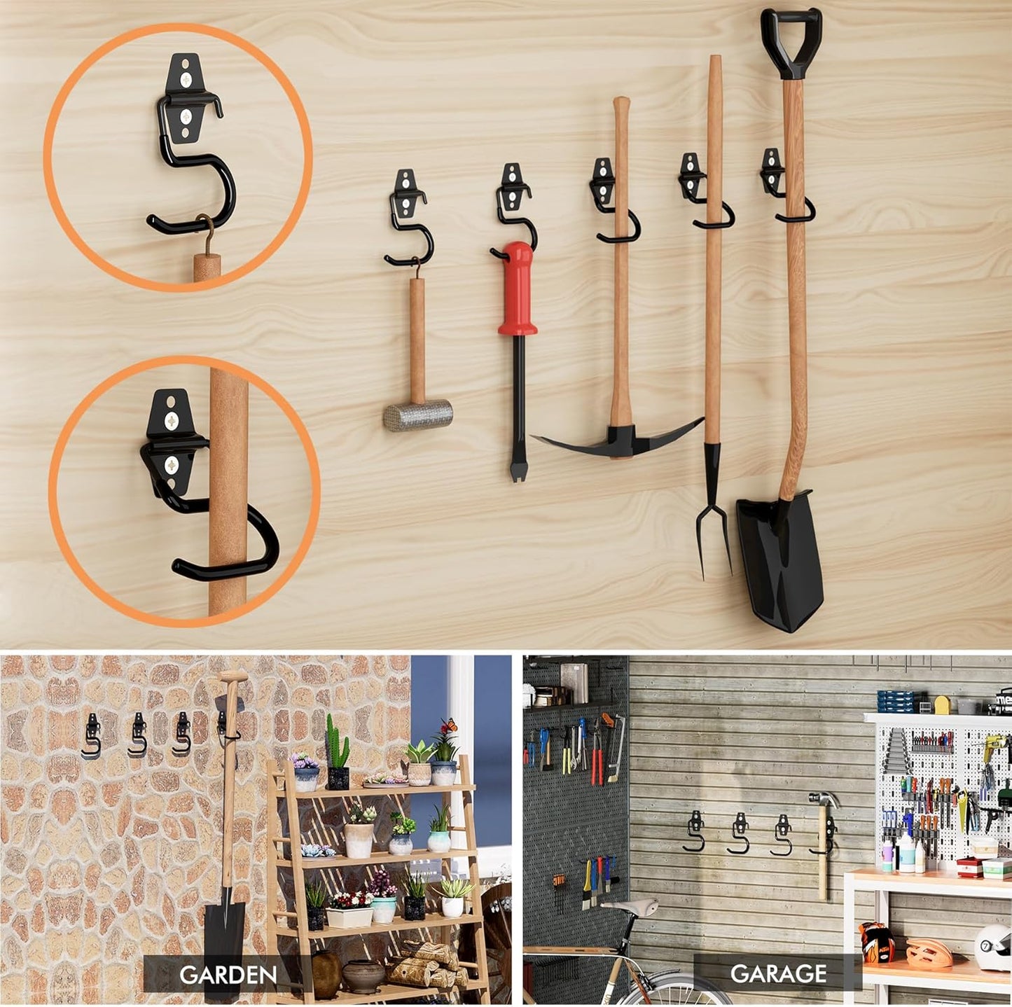 LIGHT DUST Broom Holder Wall Mount - 6 Pack Tool Hangers Garage Wall Hanging Organizer - Heavy Duty Metal Large S Hooks for Mop Shovel Rake Shed Garden Lawn Yard Handle Tools Organization (Black)