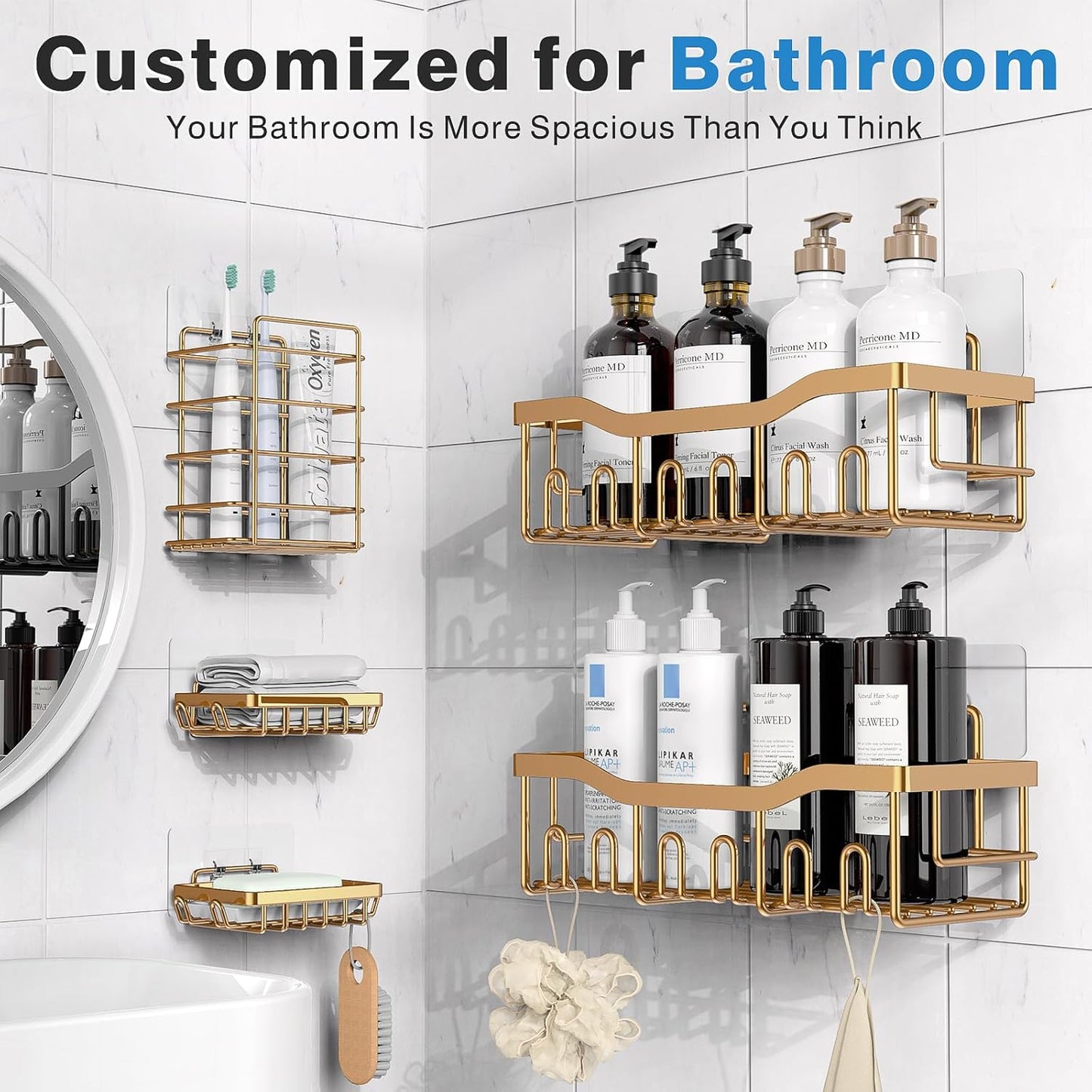 EUDELE 5-Pack Rustproof Stainless Steel Shower Caddy – No Drill Adhesive Bathroom Organizer with Large Capacity, Spacious Shower Shelves for Inside Shower, Kitchen & Home Decor Storage-XL Size