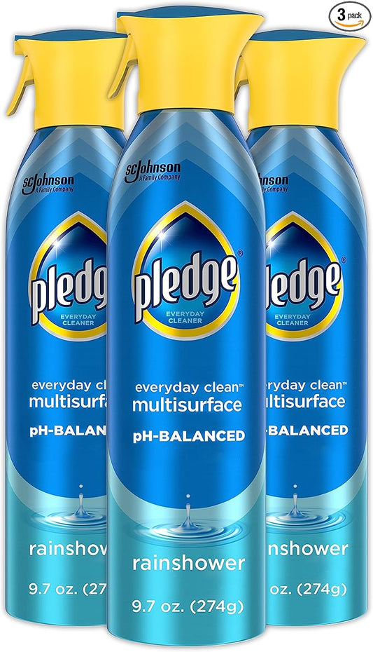 Pledge pH-Balanced Multisurface Spray, Gently Clean 101 Surfaces, Remove Dust and Messes, No Residue - Rainshower Scent, 9.7oz, Pack of 3