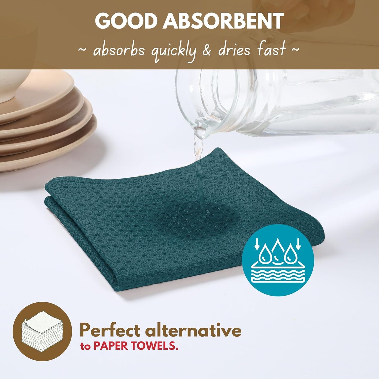 Native Fab Cotton Kitchen Towel with Hanging Loop 16x26 inches, 6-Pack, Waffle Weave Kitchen Towels for Cleaning Drying, Washcloths Soft & Absorbent Cloth Rags, Bar Towel, Dish Cloth, Teal Green