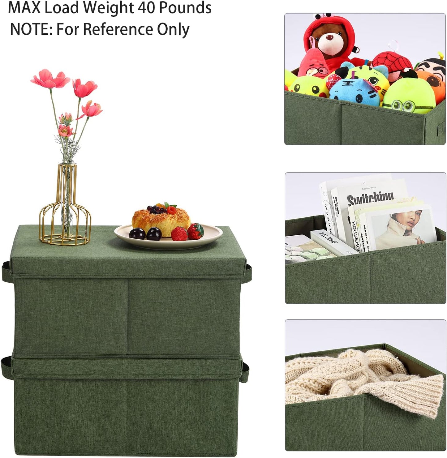 HOONEX Storage Bins with Lids for Organizing, Pack of 2, Storage Boxes with 2 Carrying Handles and Sturdy Heavy Cardboard, 16.5" L x 11.8" W x 7.5" H for Shoes, Books, Clothes, Olive