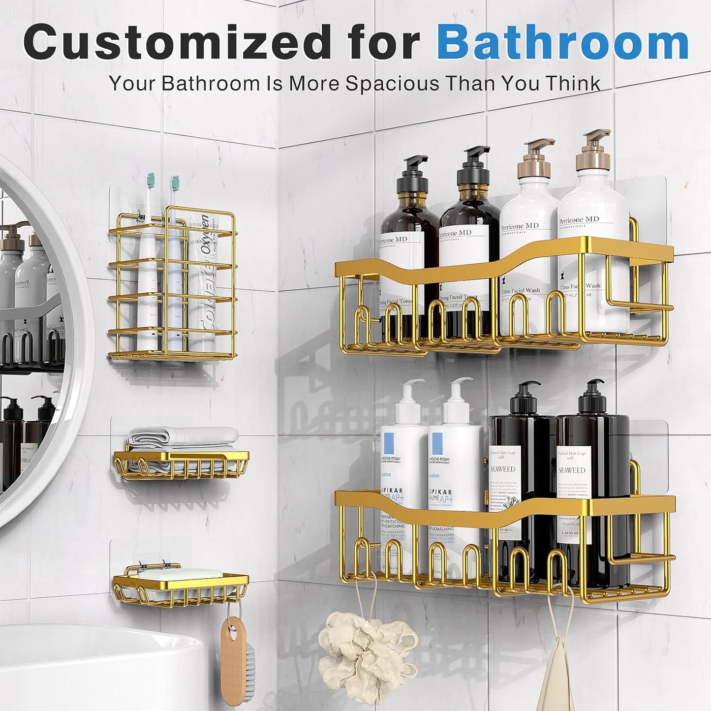 EUDELE 5-Pack Rustproof Stainless Steel Shower Caddy – No Drill Adhesive Bathroom Organizer with Large Capacity, Spacious Shower Shelves for Inside Shower, Kitchen & Home Decor Storage-XL Size