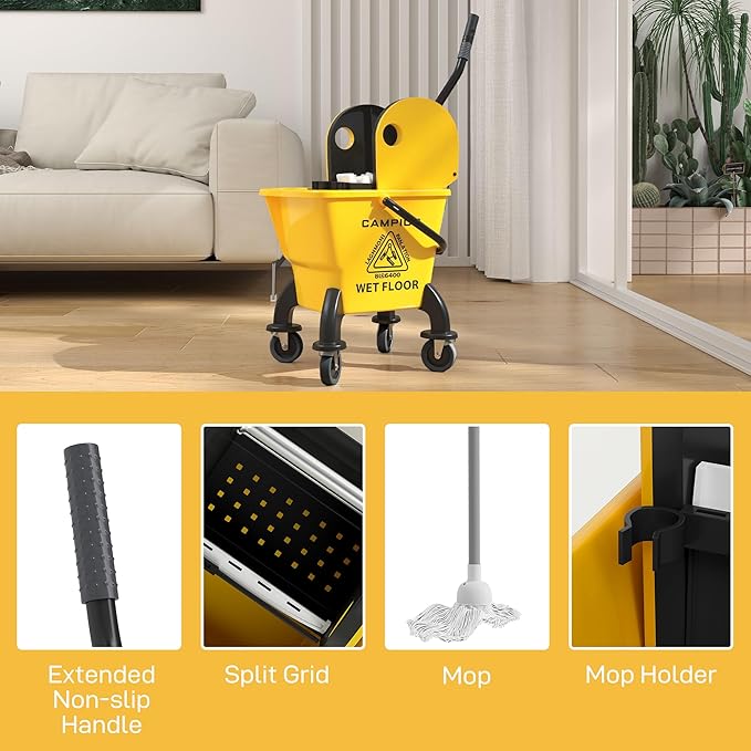 HOMCOM Mop Bucket with Wringer on Wheels for Floor Cleaning, 27.5 Quart Down Press Wringer with Handle and Mop, Yellow