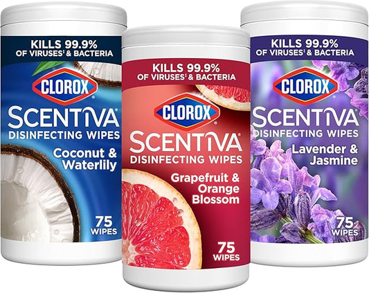 Clorox Scentiva Disinfecting Wipes, Lavender and Jasmine, Grapefruit and Orange Blossom, and Coconut and Waterlily, 75 Count Each, Pack of 3 (Package May Vary)
