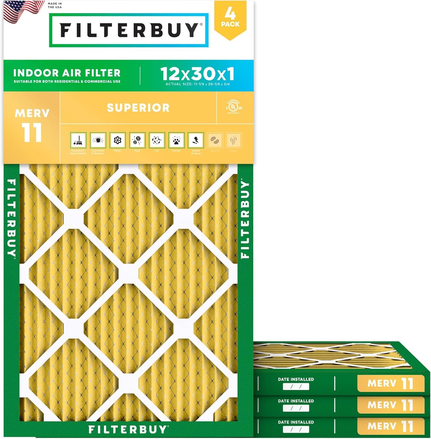 Filterbuy 12x30x1 Air Filter MERV 11 (MPR 1200) Allergen Defense Replacement (4-Pack), Electrostatic Pleated HVAC AC Furnace Filters, Made in USA (Actual Size: 11.88 x 29.88 x 0.75)