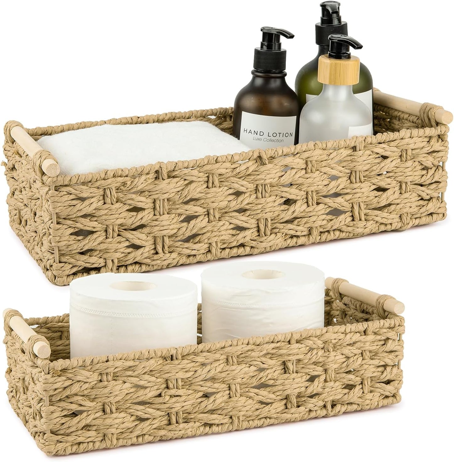 OIAHOMY Toilet Paper Baskets Handmade Paper Rope Decorative Wicker Storage Tank Shelf Cabinet Organizer for Bathroom Home, Set of 2, Yellow
