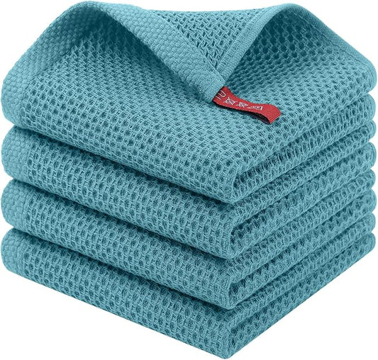 Homaxy 100% Cotton Waffle Weave Kitchen Dish Cloths, 4-Pack Ultra Soft Absorbent Dish Towels, Quick Drying Dish Rags, 12 x 12 Inches, Lake Blue