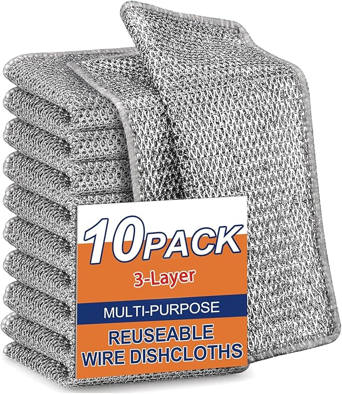 Upgraded 3-Layer Metal Dish Scrubber-10Pcs, No Scratches, Odor-Free, Multi-Purpose Stainless Steel Scouring Pad for Kitchen Cleaning – Dry & Wet Use, for Dishes, Cookware, Sinks, Stove Tops (10PCS)