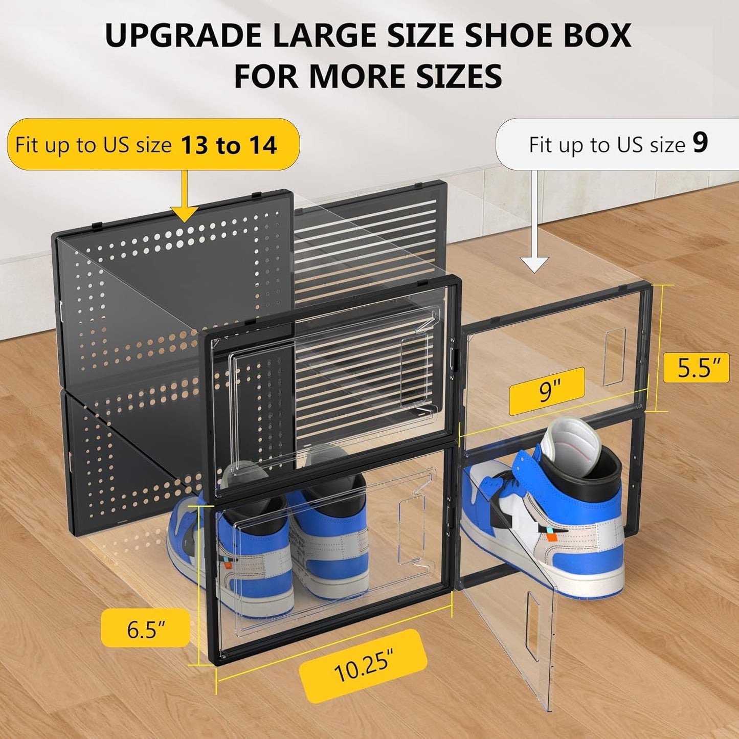 Secret Space 12 Pack XXX Large Shoe Organizer Storage Boxes for Closet, Modular Space Saving Shoe Boxes Clear Plastic Stackable Sneaker Containers Display Case with Lids, Black05