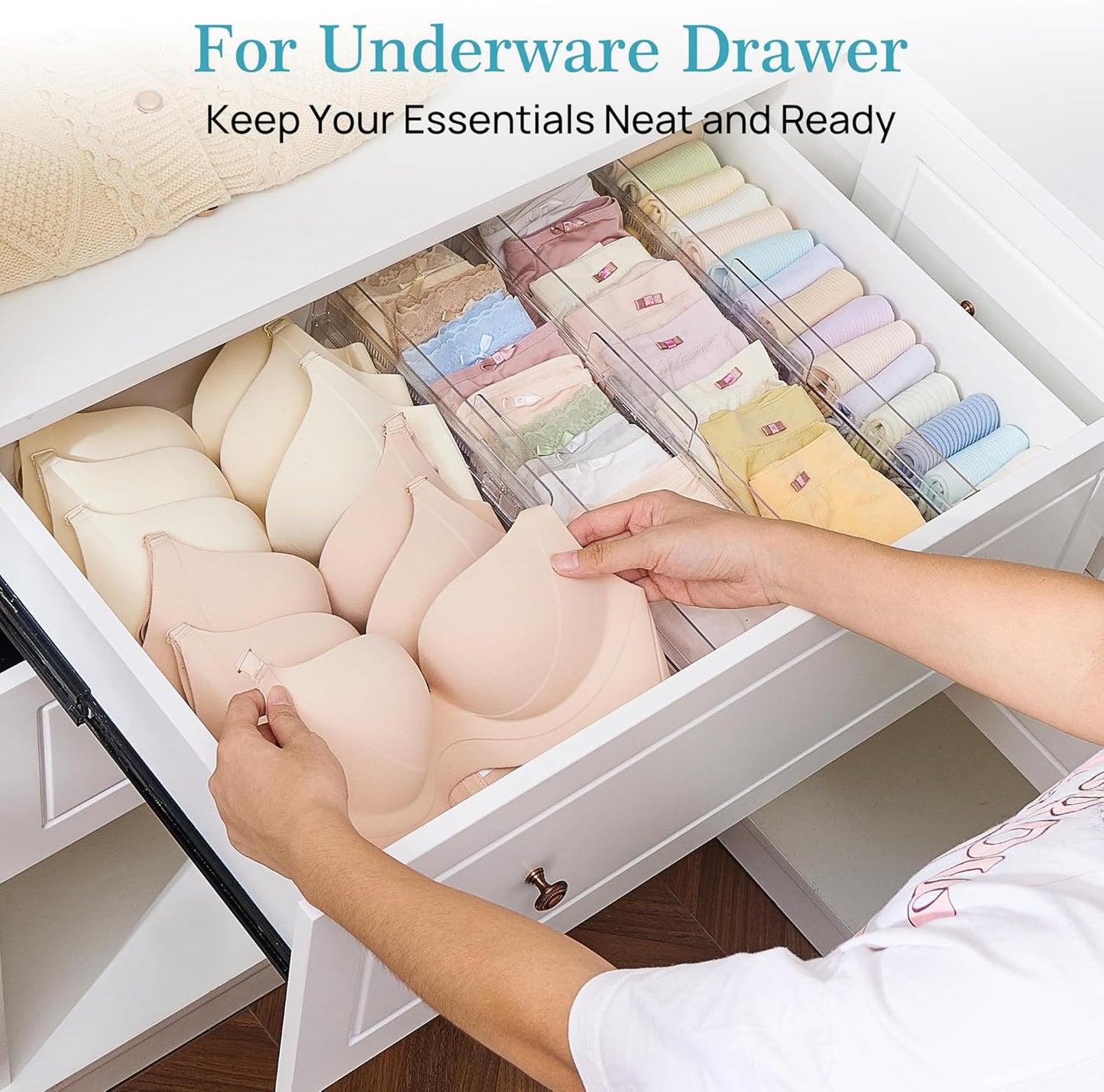 Vtopmart 4 Pack Drawer Dividers for Clothes, 4" High 10.2"-16.6" Adjustable Expandable Dresser Drawer Organizer, Clear Plastic Separators for Dresser, Baby Clothing, Underwear, Cosmetic, Toiletries