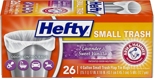 Hefty Small Trash Bags, Flap Tie, Lavender & Sweet Vanilla Scent, 4 Gallon, 26 Count