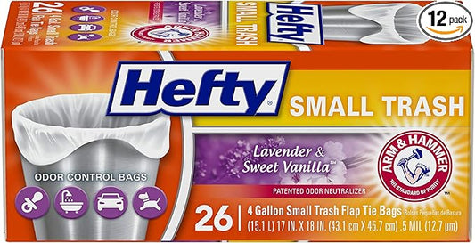Hefty Small Garbage Bags,Flap Tie,Lavender & Sweet Vanilla Scent,4 Gallon,26 Count (Pack of 12)