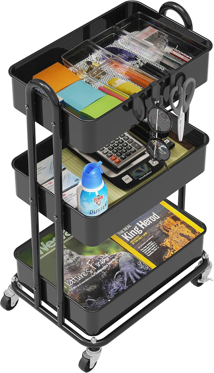 Simple Houseware 3-Tier Heavy Duty Metal Utility Rolling Cart, Black
