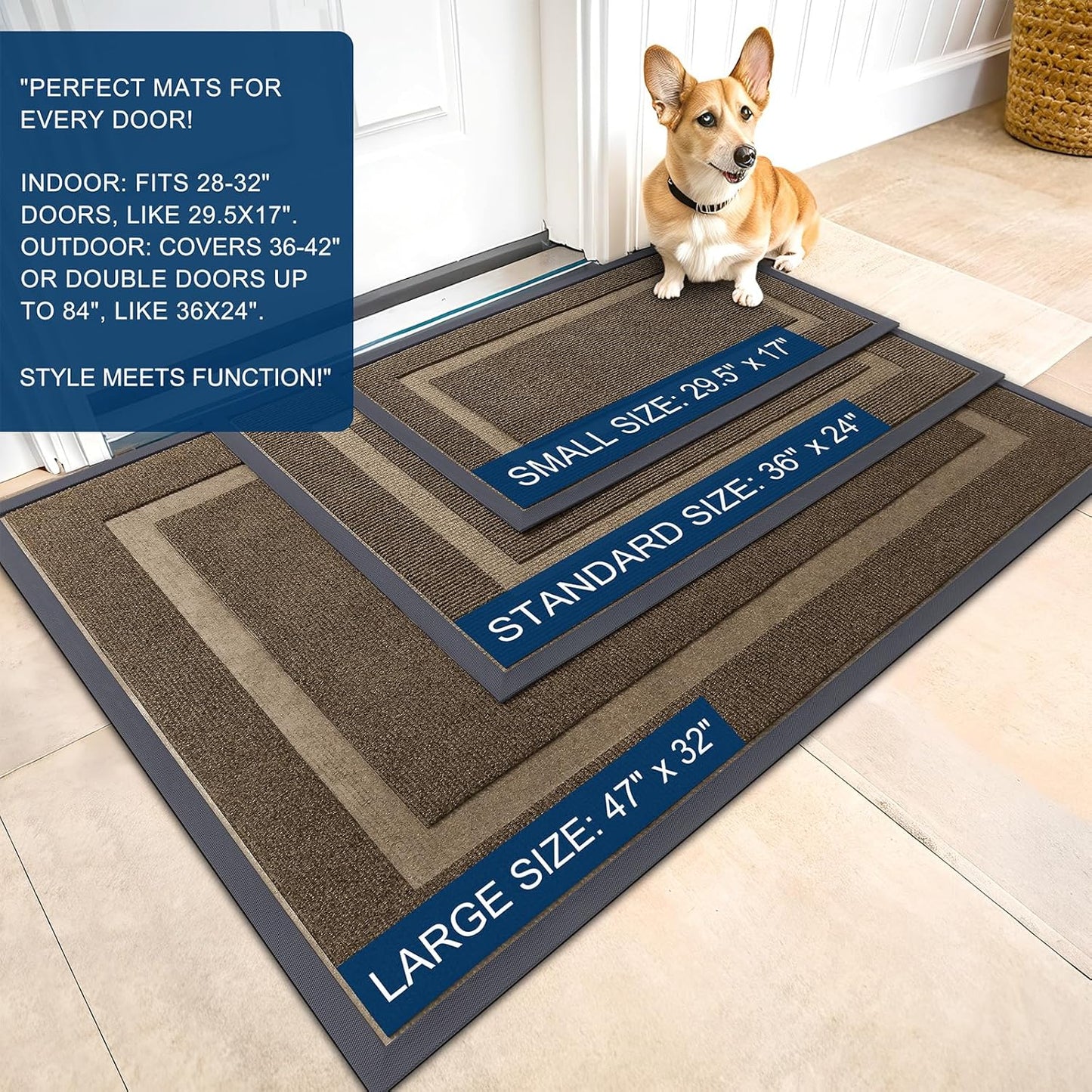 OLANLY Front Door Mat Indoor Outdoor Entrance, Waterproof All-Season, All-Weather Doormat, Sturdy Natural Rubber, Fade Resistant, Low Profile, Easy Clean Patio Porch Entryway Mat, 59x35, Brown