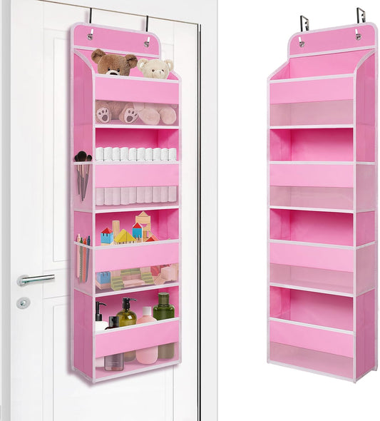 Over The Door Hanging Organizer with 4 Large Pockets – Closet, Bathroom, Nursery, Bedroom, Dorm Storage for Toys, Cosmetics, and Baby Essentials, Pink
