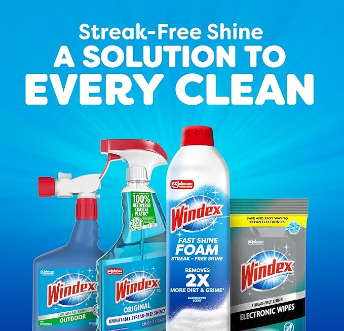 Windex Fast Shine Foam Glass Cleaner, No-Drip Windows, Doors, Mirrors & Countertops Aerosol Cleaning Spray, Streak-Free Shine, Removes Fingerprints, Dust, Dirt, Grime & More 19 oz (Pack of 1)
