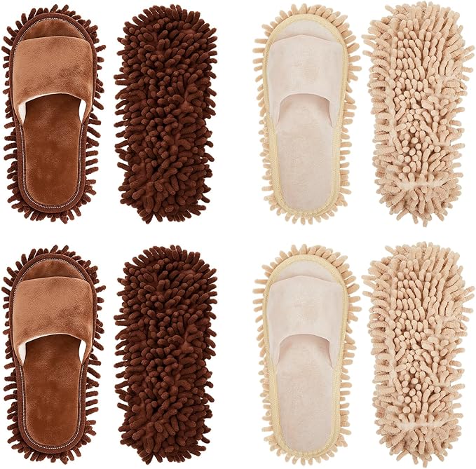 Jecery 4 Pair Washable Microfiber Mop Slippers Detachable Dusting Shoes for Floor Cleaning, Office & Home Use Suitable for Women & Men(Brown, Beige,M Size)