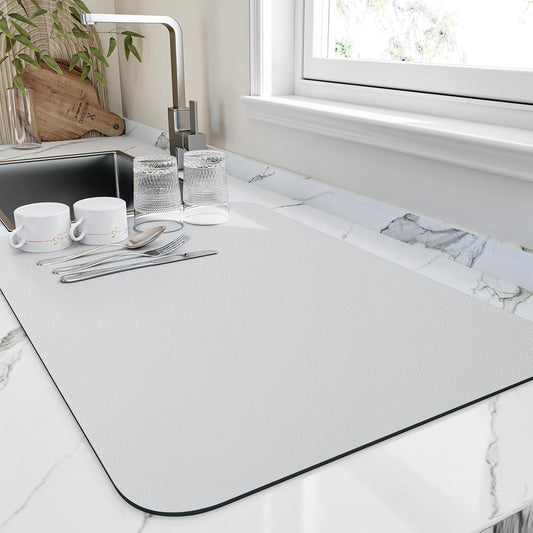 Dish Drying Mat for Kitchen Counter, Heat Resistant Drainer Mats with Non-slip Rubber Backed, Hide Stain Kitchen Super Absorbent Draining Mat, Easy to Clean Dish Rack Pad, Light Grey 18"x32"