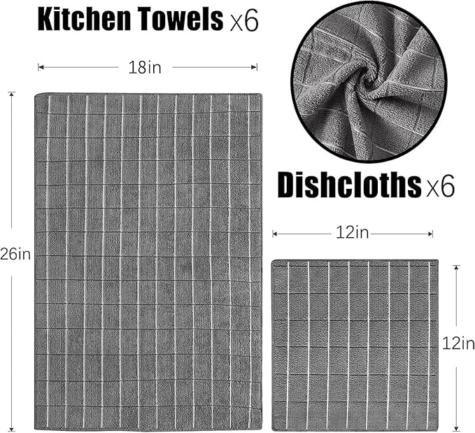 Microfiber Kitchen Towels and Dishcloths Set, 26 X 18 Inch and 12 X 12 Inch, Set of 12 Bulk Lint Free Dish Towels for Drying Dishes, Grey