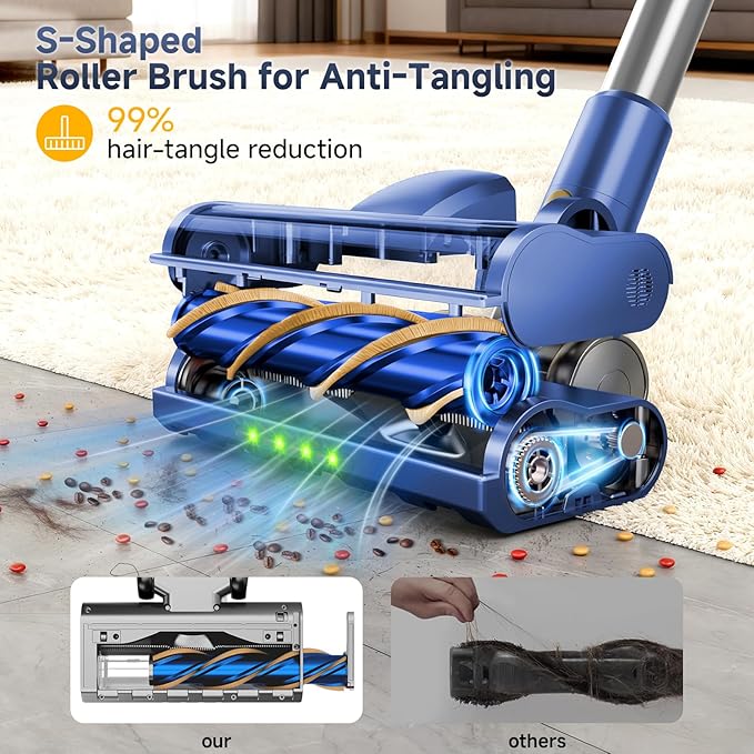 Cordless Stick Vacuum Cleaner - 45KPA Powerful Suction Vacuum with 45 Min Runtime, Detachable Battery, Anti-Tangle & 1.5L Dust Cup, 8 in 1 Vacuum Cleaner for Pet Hair, Carpet, HardFloor, Blue
