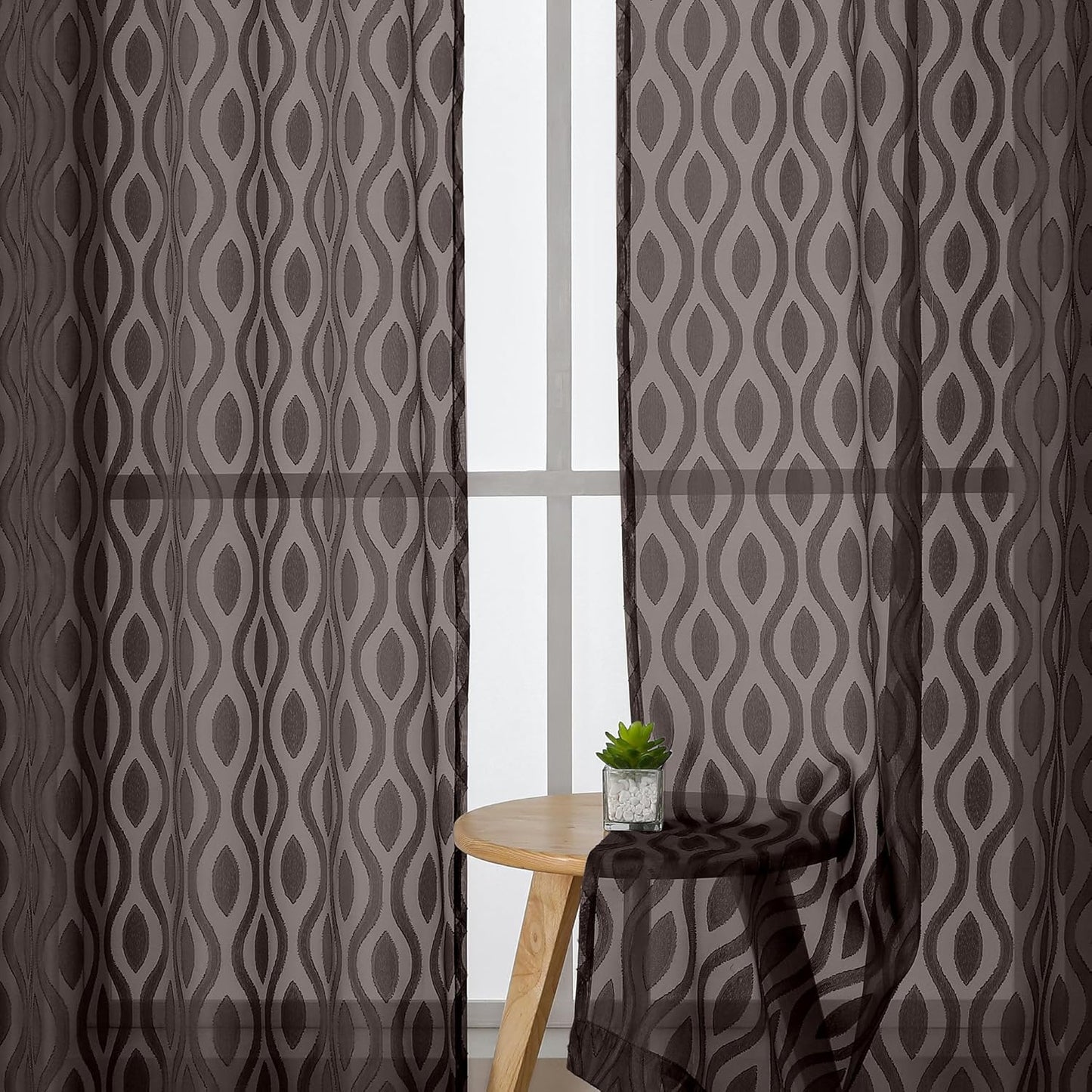 Aiyufeng Brown Sheer Curtains 72 Inches Long 2 Panels, Lightweight Clip Jacquard Textured Sheer Privacy Curtains for Bedroom Living Room, Classic Wavy Line Design Door Curtains, 40" Wx72 L Inches