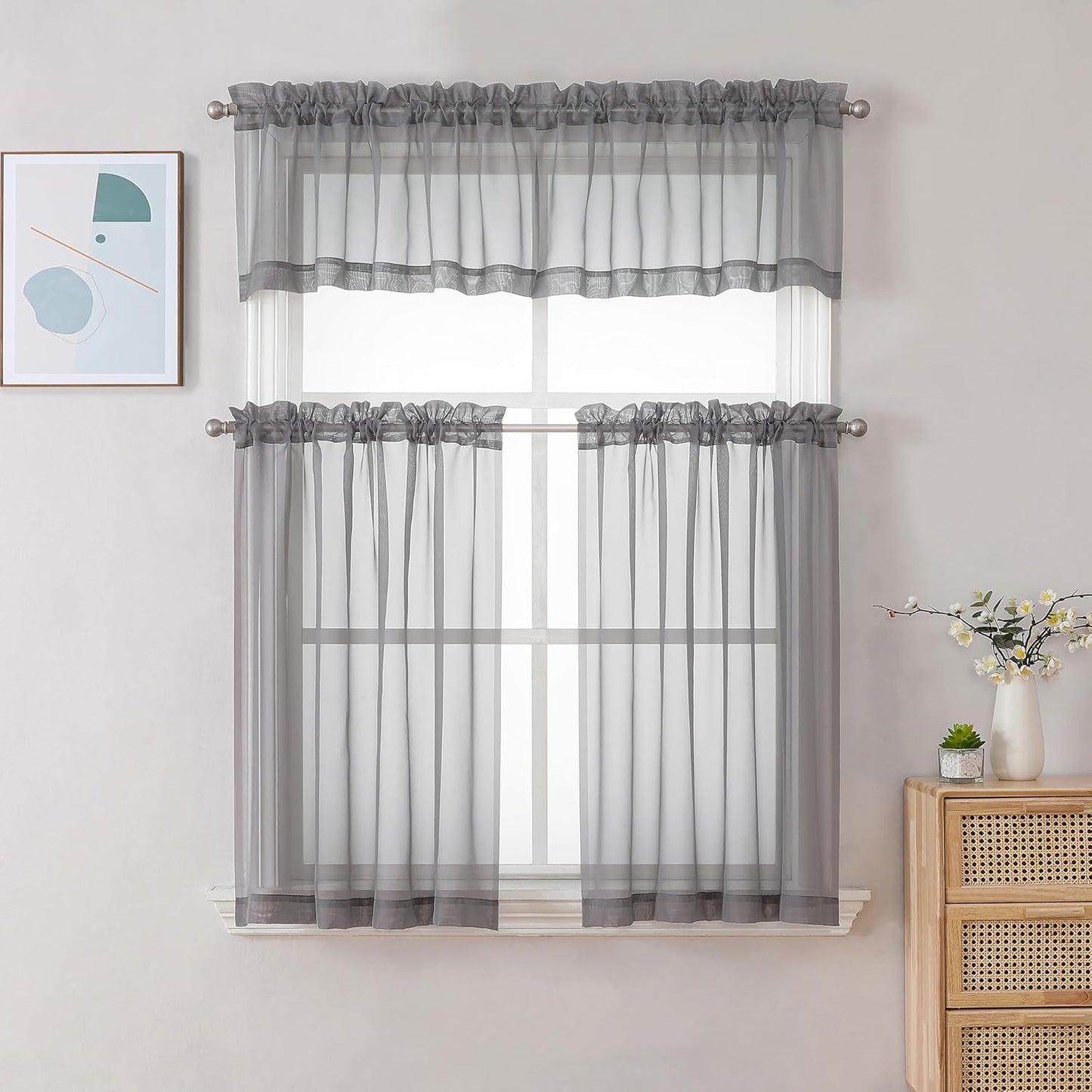 Chyhomenyc Sheer Curtains Tiers 42W x 24L Inches, Light Filtering Small Curtains, Short Bathroom Living Room Cafe Basement Voile Window Curtain, Rod Pocket, 2PCS, Charcoal Grey