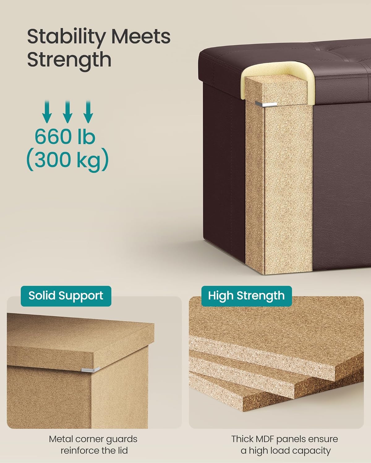 SONGMICS MAZIE Collection - 30 Inches Folding Storage Ottoman Bench, Ottoman with Storage, Foot Rest Stool, Load 660 lb, for Living Room, Synthetic Leather, Brown ULSF40Z