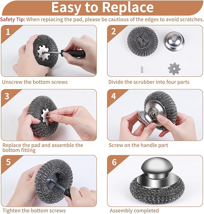 5Pcs Steel Wool Scrubber with Replacement Wire Sponge Pads Set, Stainless Steel Scrubber with Handle for Scouring Stubborn Messes from Cast Iron, Pots, Pans, Grill, Stoves, Sink(1 Scrubber+4 Pads)