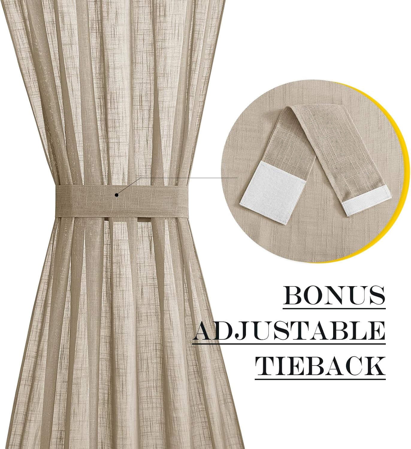 NICETOWN Sheer Back Door Curtain - Linen Textured Sidelight French Door Panel with Bonus Tieback, Semi Sheer Privacy with Light Filter Window Treatment (52" Wide x 40" Long, Taupe, 1 Panel)