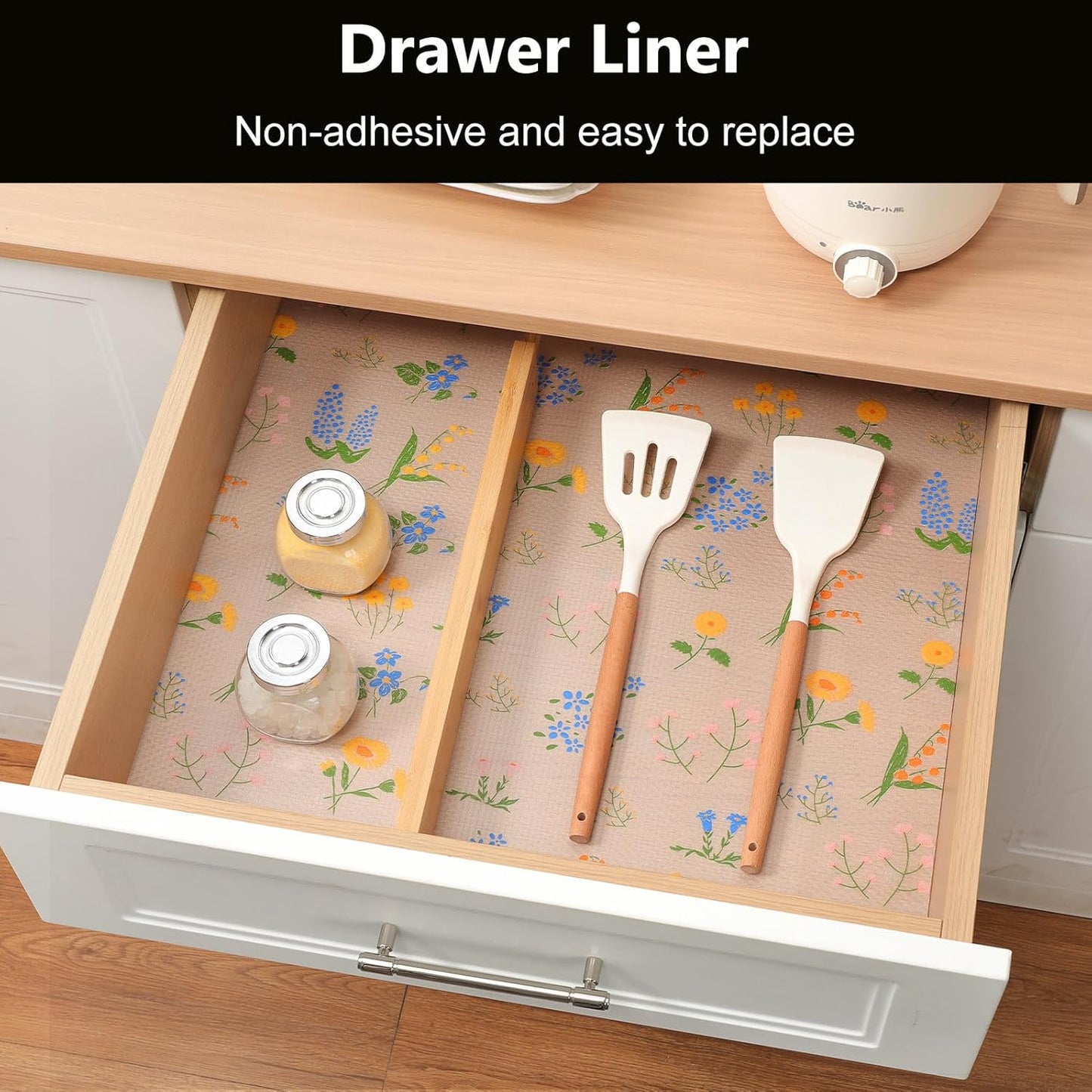 INNOLITES Non-Slip Shelf Liner – Cabinet & Drawer Liner Non-Adhesive – Waterproof Oil-Proof – Durable EVA with Floral for Kitchen Cabinets Refrigerator – BPA-Free, Easy to Cut 23.6" x 236"