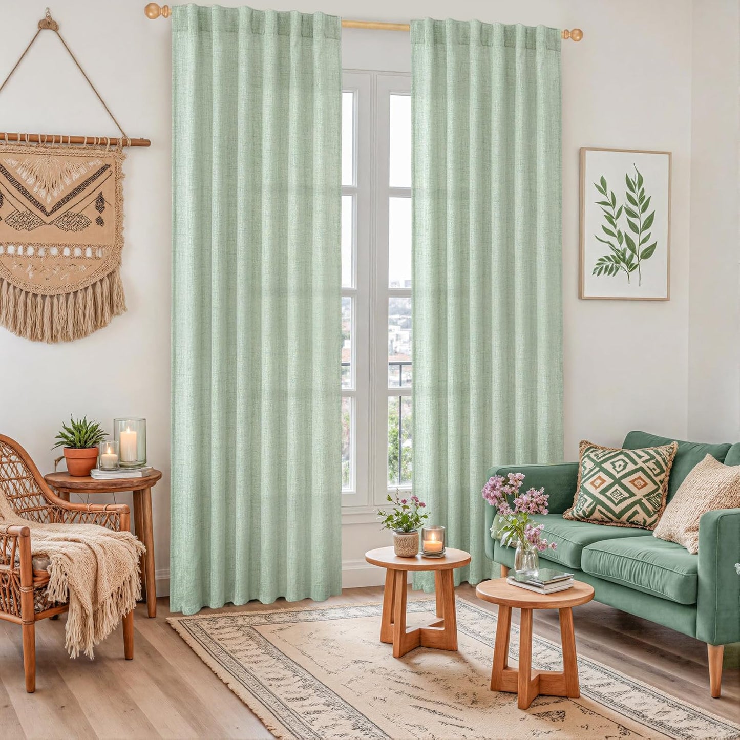 YoungsTex Sage Green Curtains 80 Inch Length for Living Room, Semi Sheer Linen Drapes Light Filtering with Back Tab Rod Pocket for Bedroom Office Spring Window Treatments, 52 X 80 Inch, 2 Panels