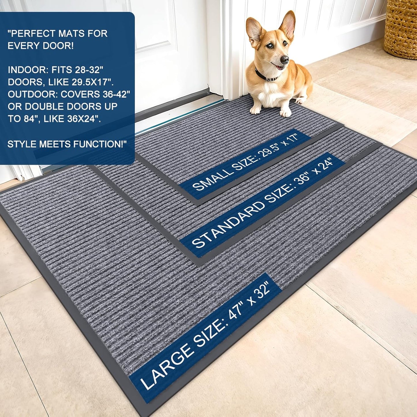 OLANLY Front Door Mat Indoor Outdoor Entrance, Waterproof Heavy Duty Doormat, Fade Resistant, Low Profile, Easy Clean Patio Porch Welcome Floor Mats for Entry, 47x32, Light Gray