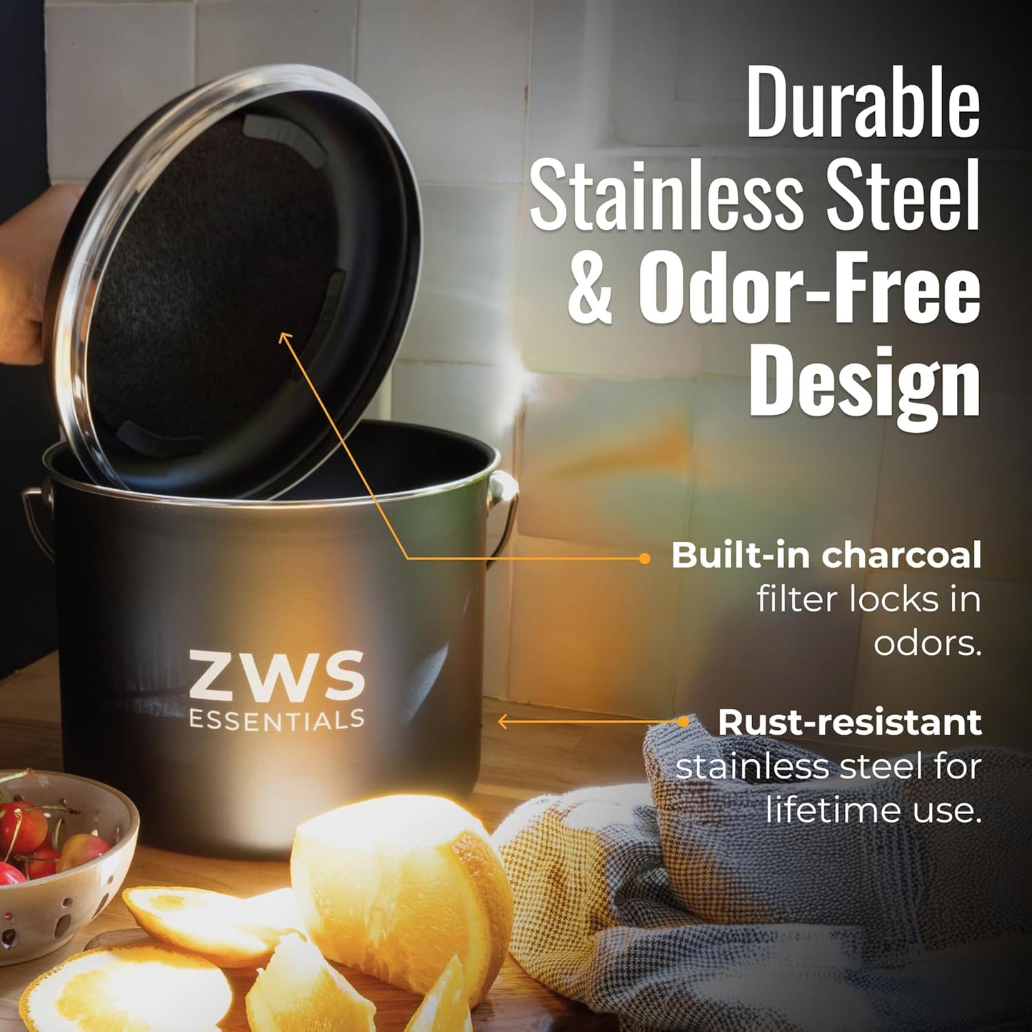 Black Stainless Steel Compost Bin | 6.5L Odor-Free Kitchen Countertop Food Scrap Pail with Charcoal Filter | Compact Zero Waste Solution for Home and Apartment Kitchens