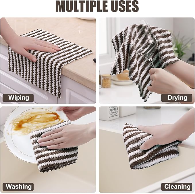 Homaxy 12 Pack Kitchen Dish Cloths, Ultra Soft and Absorbent Dish Towels, Reusable Fast Drying Microfiber Cleaning Cloth, Coral Velvet Wave Design No-lint, 10 x 10 inches, Brown