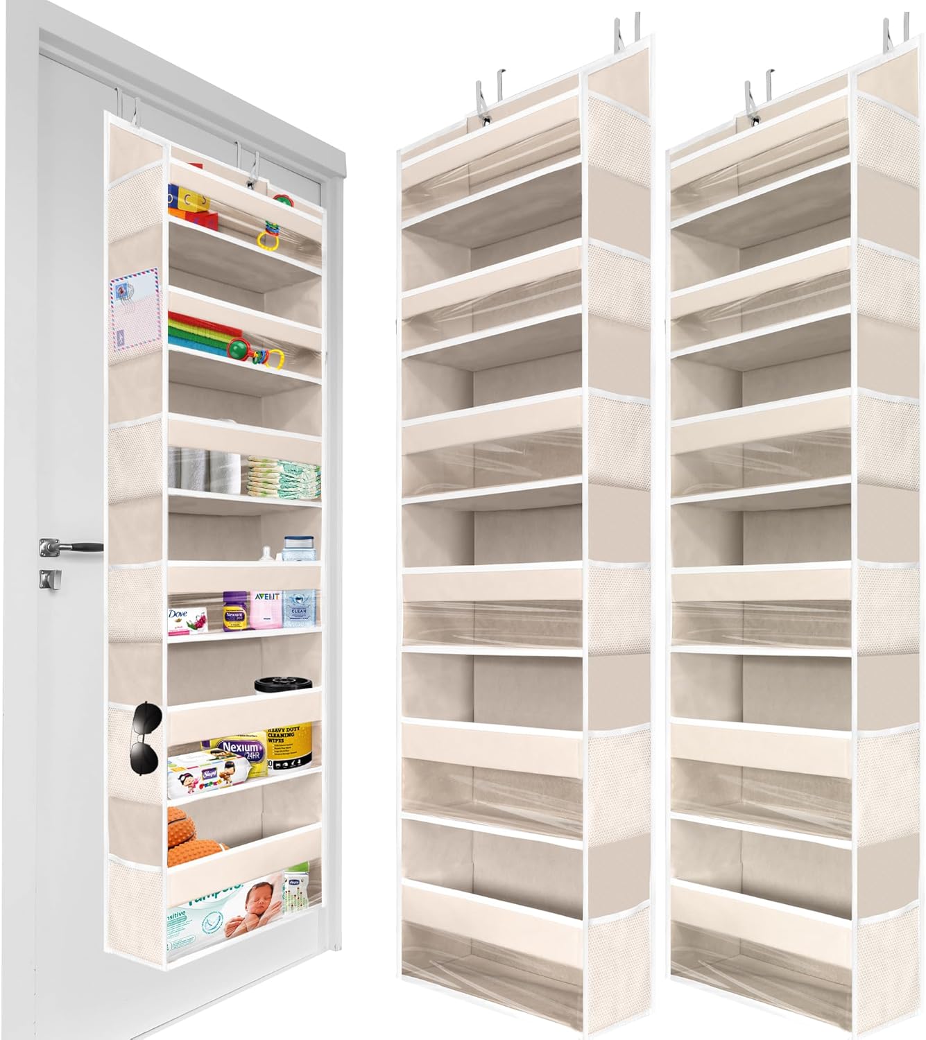 HOMELUX THEORY 2 PC Heavy Duty Over the Door Organizer 55x14x6.7, 6 Large Front & 12 Side Pockets, Hanging Storage Closet Door Organizer for Bedroom, Bathroom and Baby Nursery Storage (Ivory)