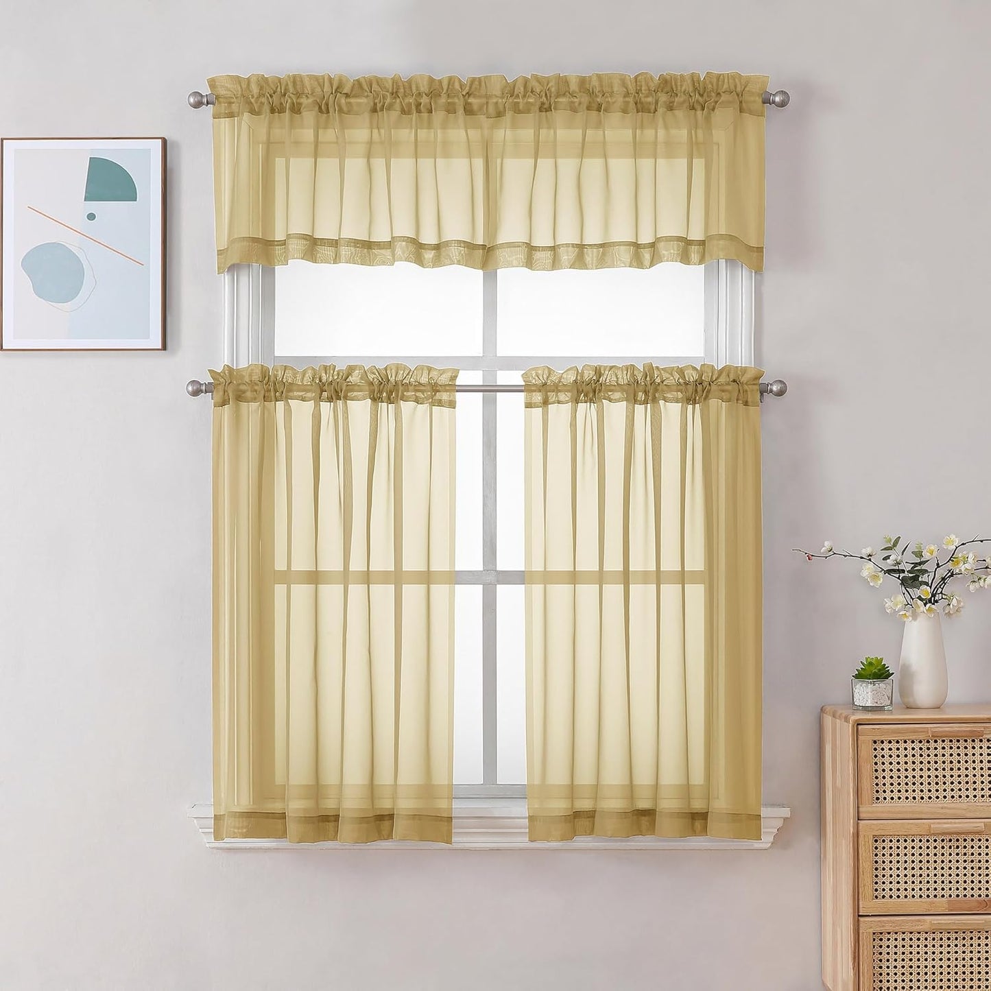 Chyhomenyc Sheer Valances for Windows 2 Pack, Small Window Curtains for Living Room Bathroom Cafe Laundry Basement, Modern Top Dual Rod Pocket Voile Curtain, 42W x 18L inches, Gold