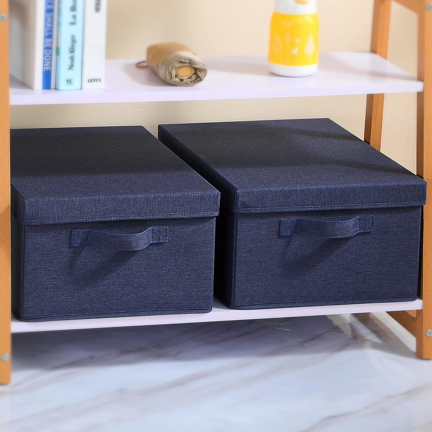HOONEX Foldable Storage Bins with Lids, Pack of 2, Storage Boxes with 2 Carrying Handles and Heavy Cardboard, 16.5" L x 11.8" W x 7.5" H for Shoes, Clothes, Blue