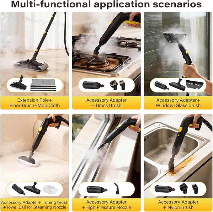 Steam Cleaner For Home, Steam Mop with 23 Accessories, Powerful Multipurpose Steamer for Cleaning to Remove Grime, Grease, 16.4ft Power Cord, Grout, Floor. Sofas, Upholstery