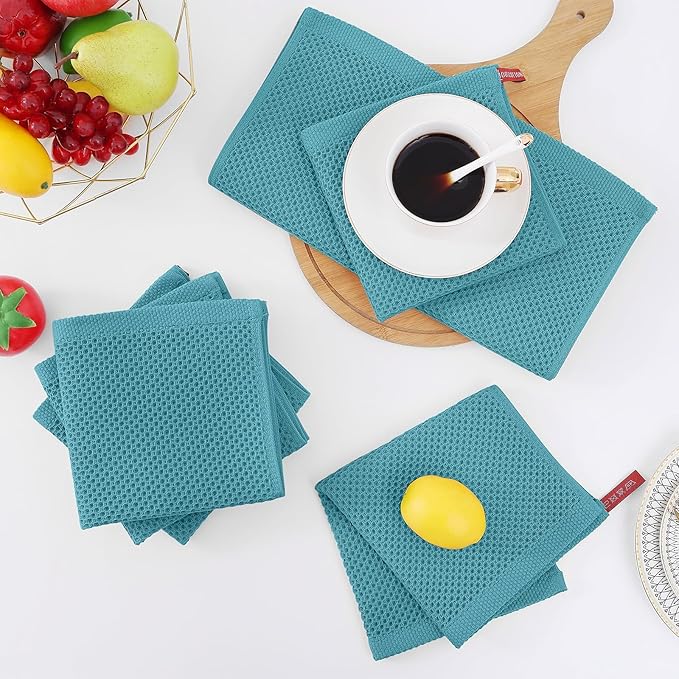 Homaxy 100% Cotton Waffle Weave Kitchen Dish Cloths, 7-Pack Ultra Soft Absorbent Dish Towels, Quick Drying Dish Rags, 12 x 12 Inches, Lake Blue