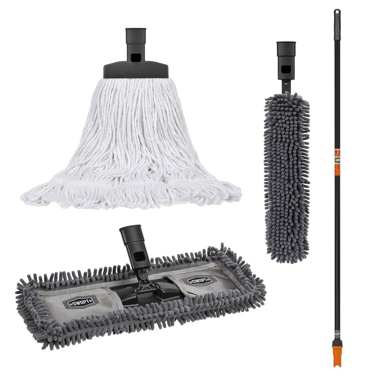 SWOPT 18” Microfiber Dust Mop, Microfiber Flexible Duster, Cotton Mop + 60" Steel Handle, Combo — Cleaning Heads With Long Handle Interchangeable With All SWOPT Cleaning Products — Machine Washable