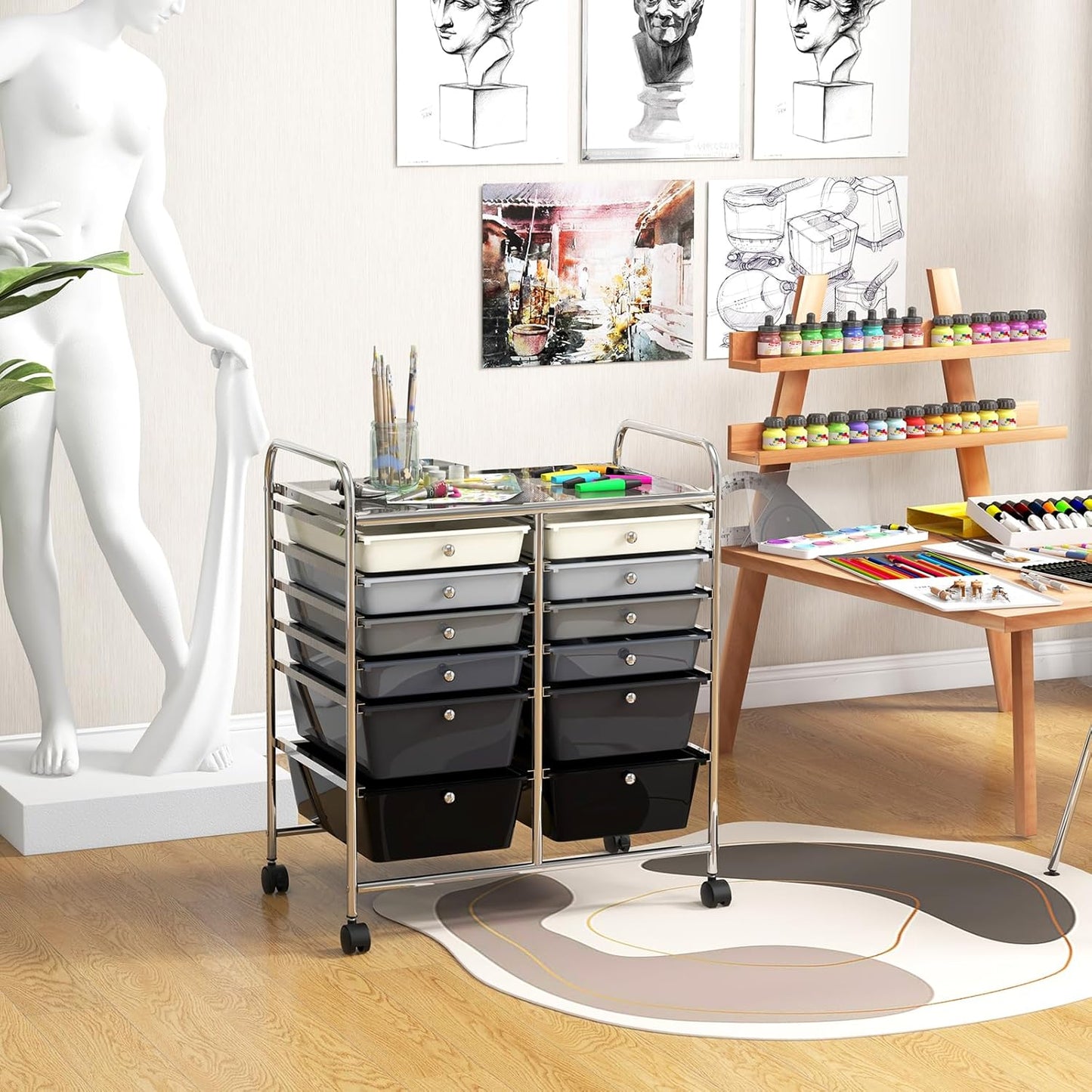 GOFLAME 12-Drawer Rolling Storage Cart, Multipurpose Organizer Cart with 2 Sizes Plastic Drawers, Mobile Utility Cart with Lockable Casters for School, Home Office, Beauty Salon, Gradient Grey